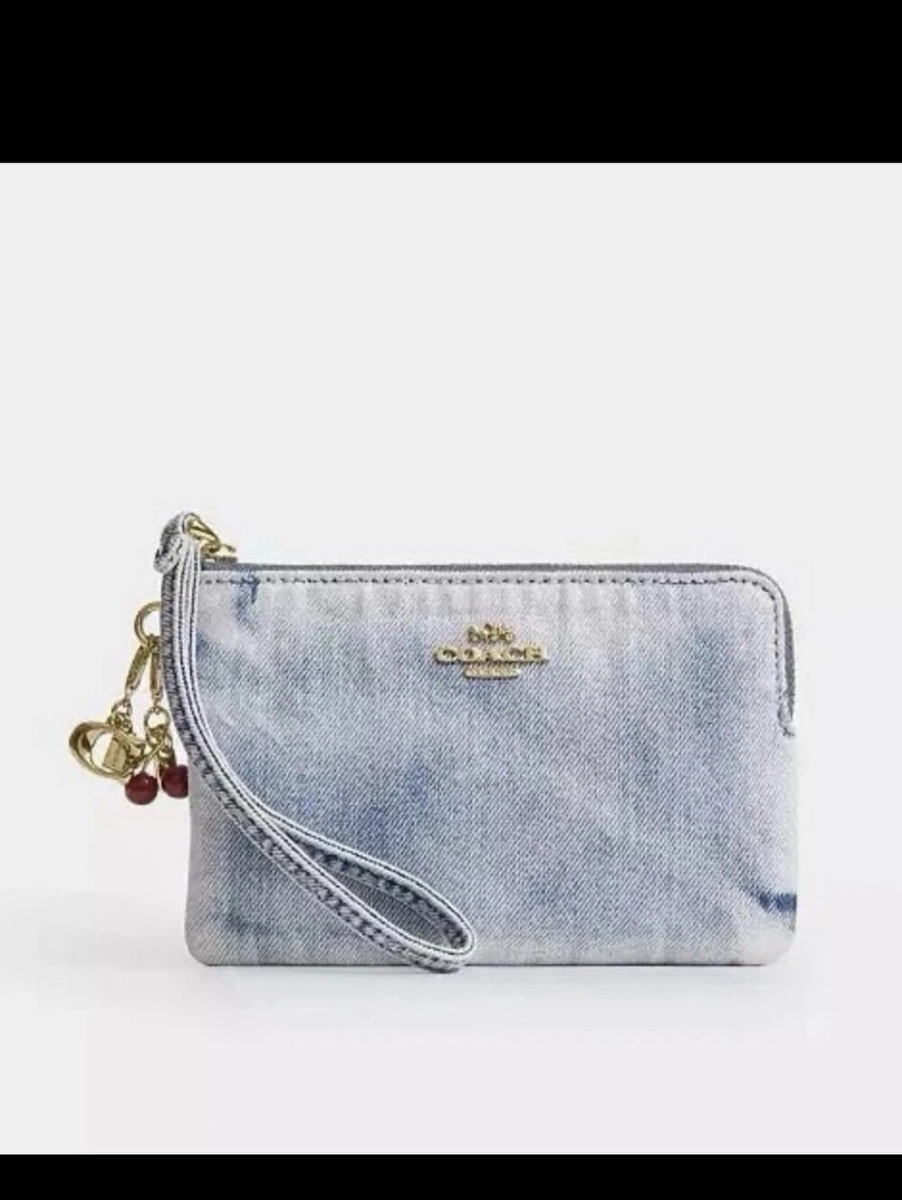 Coach Light Wash Denim Zip Wallet Wristlet with Gold Logo